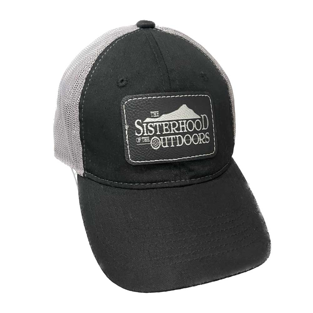 Black and Gray Mesh Outdoor Cap FWT130 with Sisterhood Outdoors Logo Black and Silver Patch