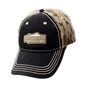 Sisterhood Outdoors Rubber Logo Patch Hat Black with Mossy Oak Bottom Lands